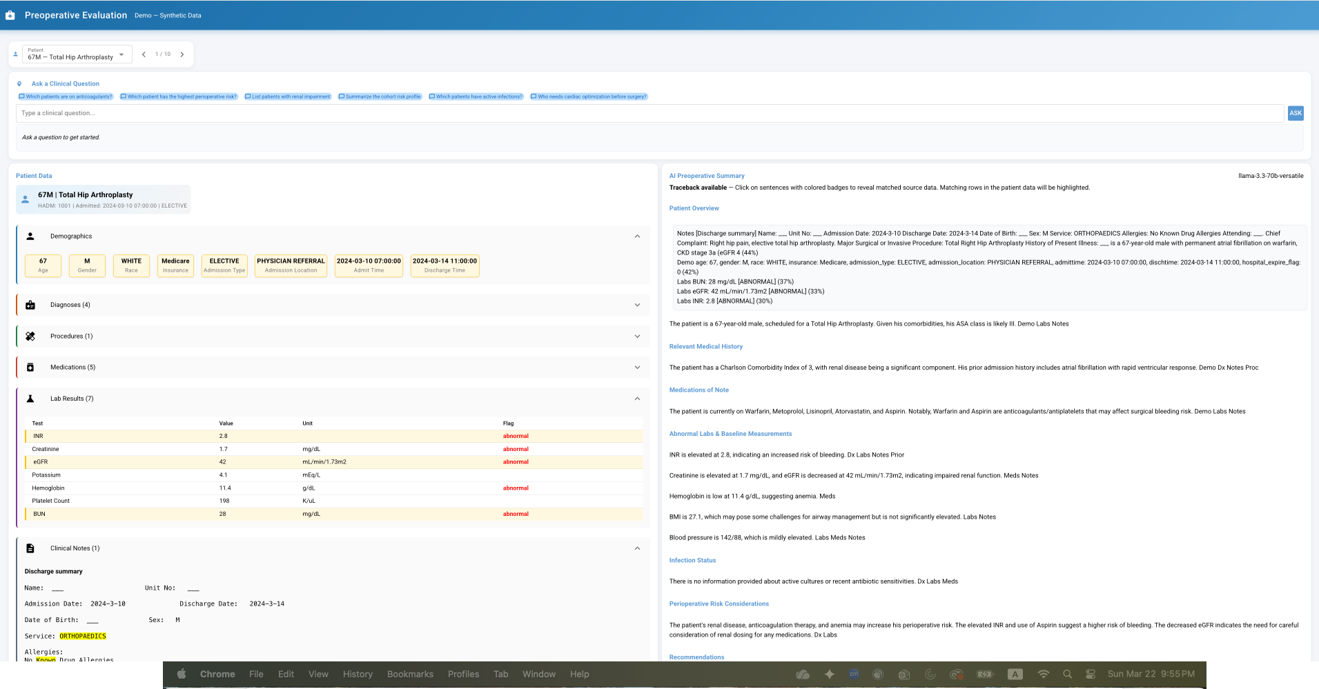 Screenshot of the preoperative evaluation demo application